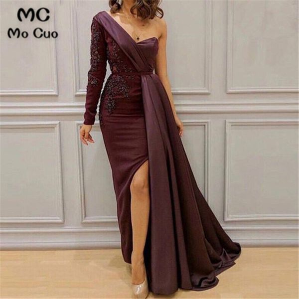 

2019 one shoulder evening dresses with appliques floor length front slit women prom dresses prom party dress evening dress, White;black