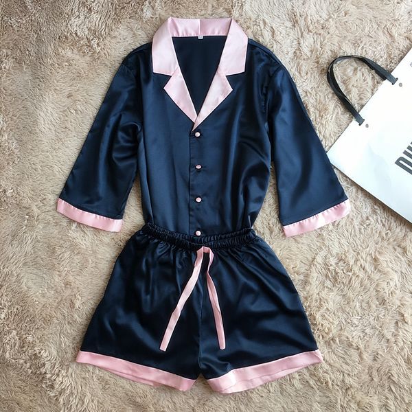

drop ship female casual loose home wear large size imitation silk medium sleeve shorts pajamas suit silk nightwear elegant, Blue;gray