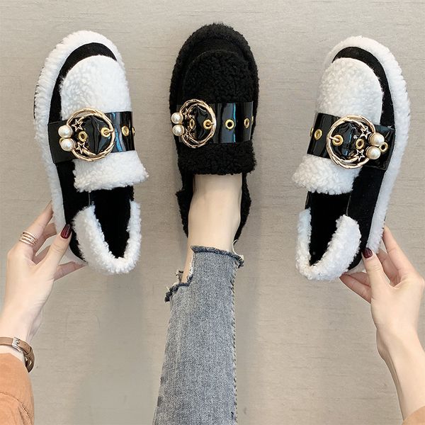 

loafers fur autumn all-match women 2019 fashion women's round toe pearl decorateion female shoe slip-on nurse shoes fall modis, Black