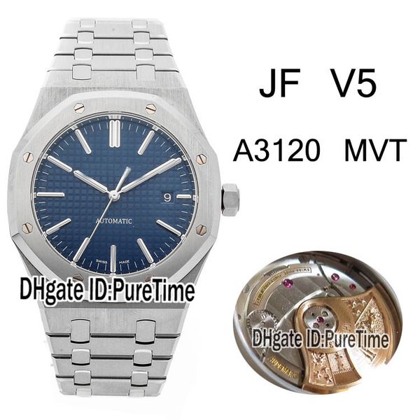 

new jff 41mm 15400 royal blue texture dial cal a3120 automatic mens watch stick markers super edition deep engraving buckle puretime a1, Slivery;brown