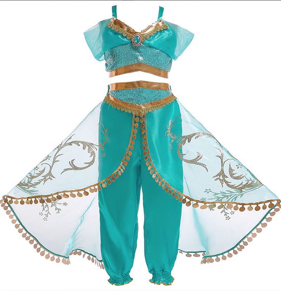 

children's set 2019 summer new girls cosplay costume children's sequined + culottes two-piece set aladdin magic lamp jasmine, White