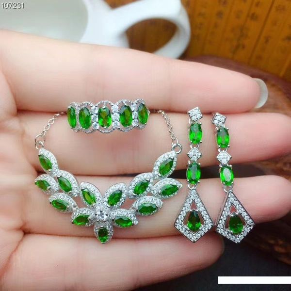 

charming clear green diopside gemstone ring earrings and necklace jewelry set with golden silver 2, Black