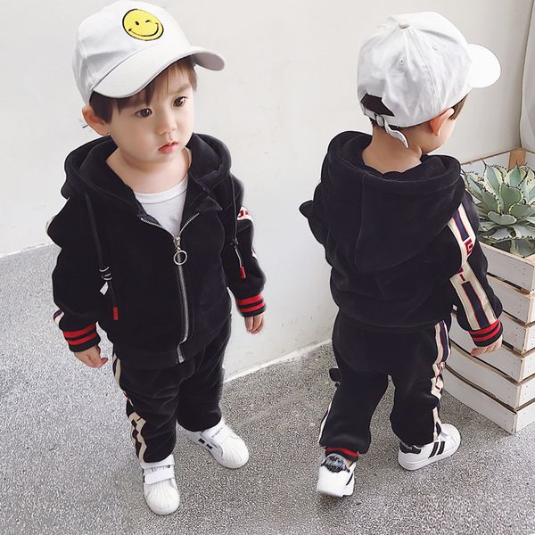 

boys 2-8 years autumn casual sports zipper cardigan 2 pcs set (hoodie+ long pant) fashion striped thicken fleece hoodies suits, White