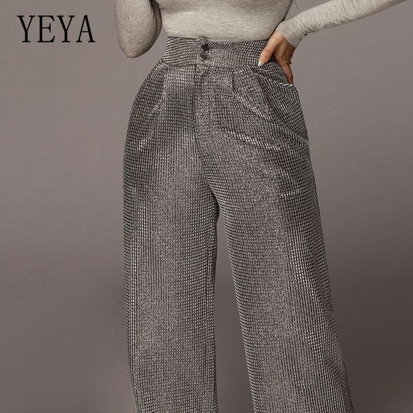 

yeya trendy checkered women's bright silk high waist wide leg pants loose trousers ladies workwear business solid pants, Black;white