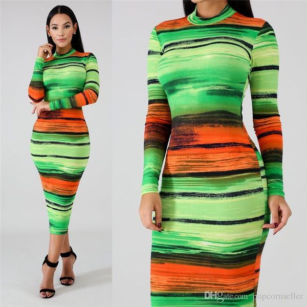 

women autumn winter designer dresses fashion gradient stripes print dress crew neck bodycon dresses womens casual dresses, Black;gray
