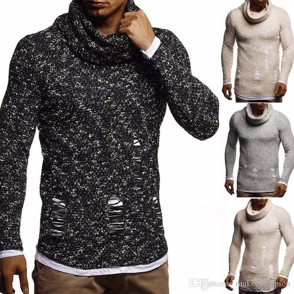 

кучи воротник мужские свитера вязаные дыры длинные мужские рукавом пуловер мода мужская одежда, White;black