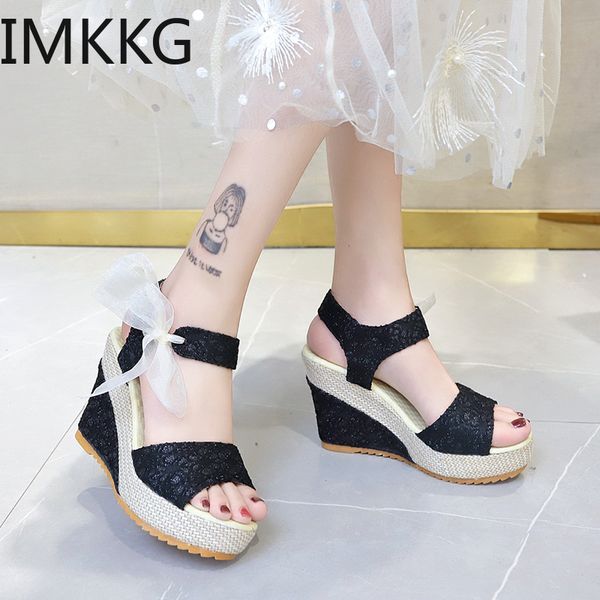 

summer fashion lace wedges fish mouth sandals muffin bottom sandals open toe high heel women's shoes roman anti-skid shoes woman, Black