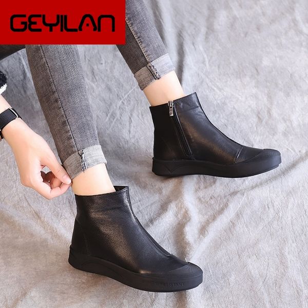 

fashion handmade shoes for women genuine leather ankle boots vintage flat women shoes round toes boots with fur, Black