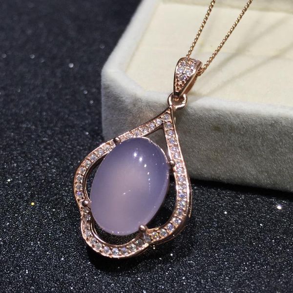 

shiqing 100% nature chalcedony purple pink big gemstone 12*16mm 925 sterling silver pendant necklace for women