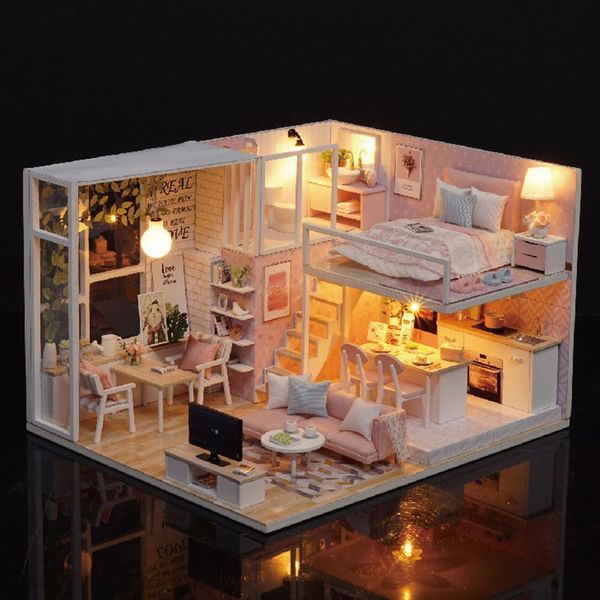 

led miniature doll house diy big doll house wooden doll houses kitchen miniature handmade crafts toy xmas gift y200704