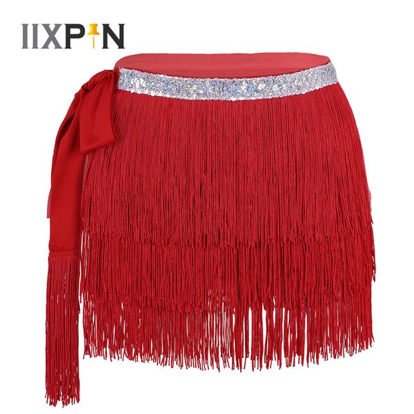 

women latin belly dance costume chacha latin skirt hip scarf shiny sequins waist three rows fringe tassels skirt with wrap belt, Black;red