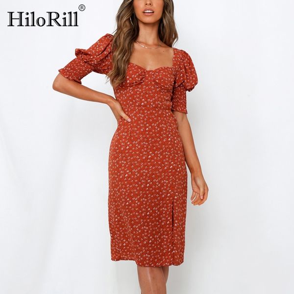 

hilorill women elegant floral print party dresses 2020 puff sleeve split backless dress summer v neck holiday midi dress, White;black