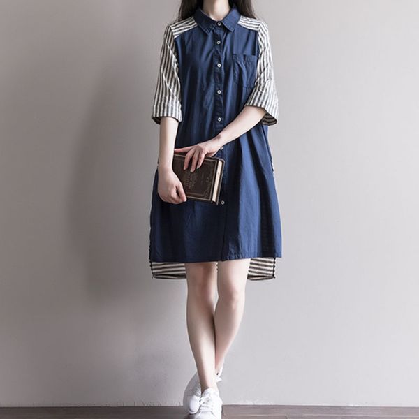 

summer mori girl women loose irregular shirt dress turn-down collar vintage patchwork striepd female tunic cotton linen dresses, White;black