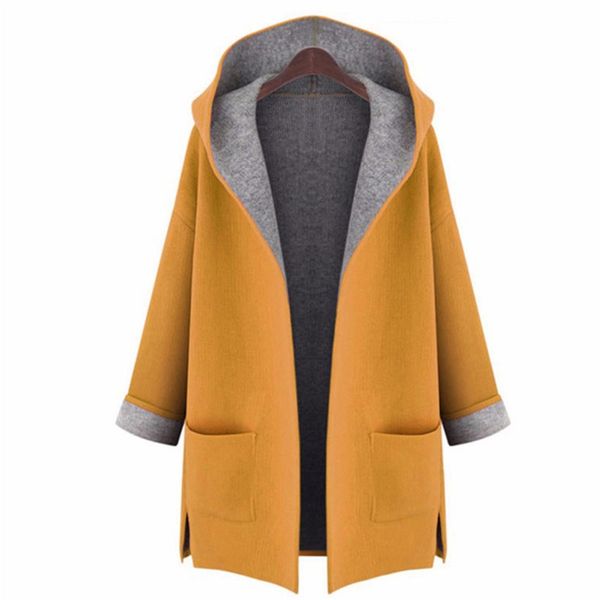 

2018 loose slimming solid long sleeve casual coat pocket hooded woollen large size wide-waisted open stitch woman wear trench, Black;brown