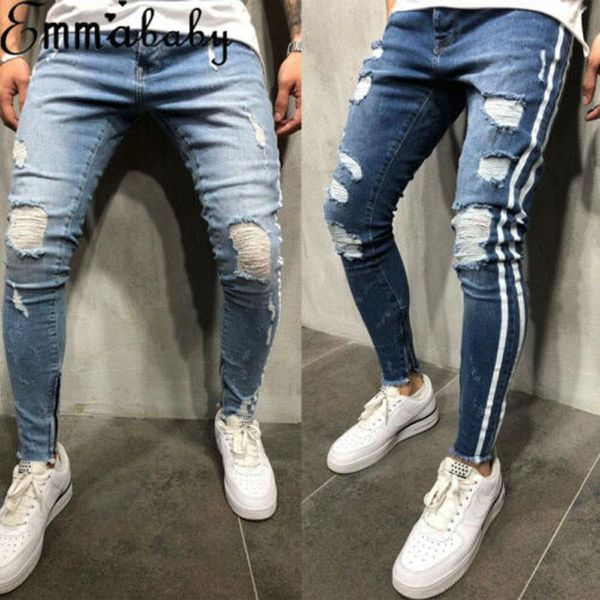

new fashion fashion men's ripped skinny jeans destroyed frayed slim fit denim hole pant zipper jeans trousers blue