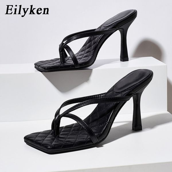 

eilyken ladies elegant dress slippers fashion clip toe design womens slides flip flops stiletto heels shoes square toe sandals, Black