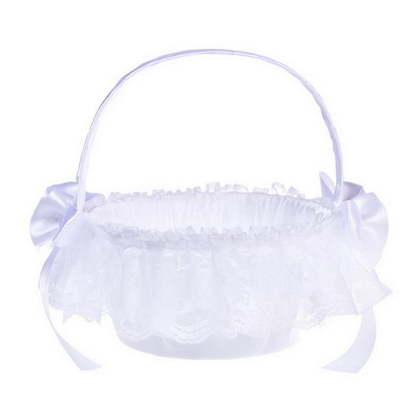 

white wedding basket with lace bow cute polyester wedding flower basket for rose petals reception decoration white hfing