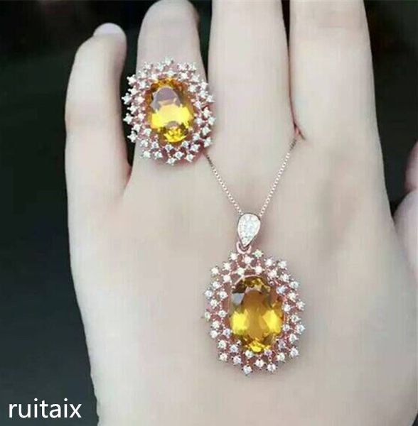 

kjjeaxcmy boutique jewels 925 pure silver inlay natural snow crystal yellow crystal women's ring + necklace + pendant set inlay, Black