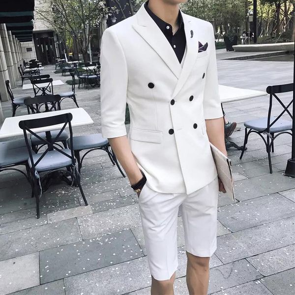 

men's suits & blazers mens fashion white summer with double breasted short pants 2021 peaked lapel 2 piece male blazer for groom tuxedo, White;black