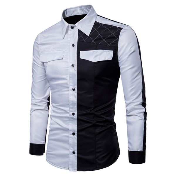 

spring autumn casual shirts men's long sleeve slim fit contrast color patchwork shirts pockets decoration business shirts hight quality, White;black