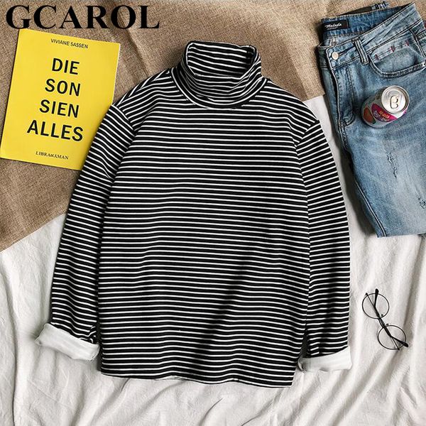 

gcarol 2019 fall pinstripe striped turtleneck shirt winter thick fleece oversize jumper render basic unlined upper garment, White;black