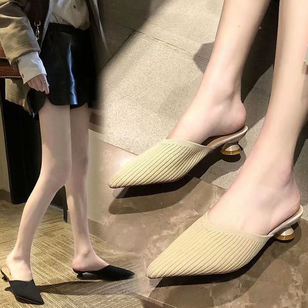 

2020 season pointed flying semi-mop baotou knitted slippers wine glass and medium heel women's shoes, Black
