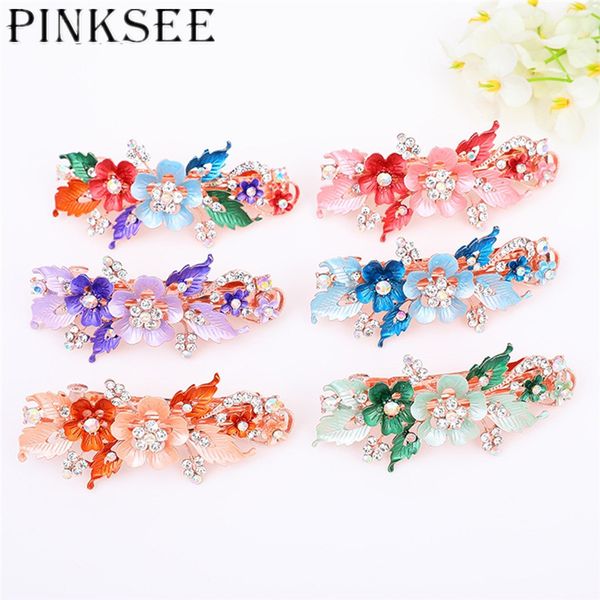 

pinksee charm fashion resin flower metal leaves barrettes crystal hairpin headwear for women girls sweet hair clips accessories, Golden;white