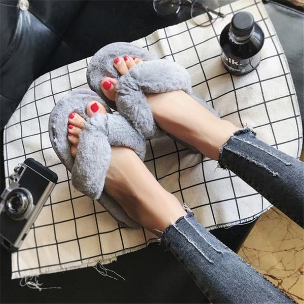 

winter fashion women home slippers faux fur warm shoes woman slip on flats female fur flip flops pink plus size 36-41 s057, Black