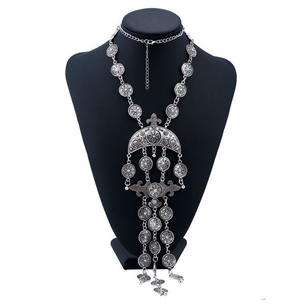

bohemian multilayer antique gold silver coin pattern moon tassel pendant necklace earrings women ethnic fashion jewelry sets