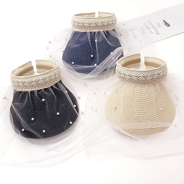 

202005- hf88-582 lace mesh pearl without paper lady visors cap women leisure hat, Blue;gray