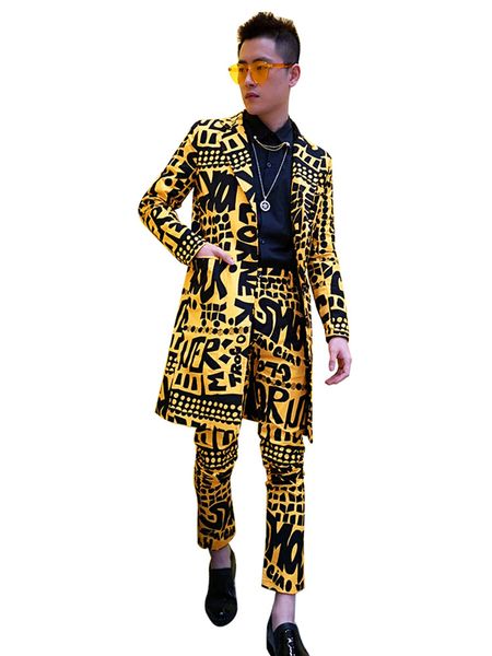 

men long casual suits sets (jacket+pant) male slim fit blazer yellow suit jacket nightclub stage singer dj clothing, White;black