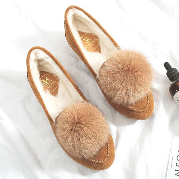 

winter warm shoes for women fur plush flats shoes pointed toe hairball fashion casual ladies big size warm, Black