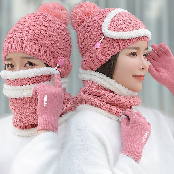 

coobug 2018 new four-piece female winter warm sweet thick knit wool hat hat gloves bib bike windproof cap, Blue;gray