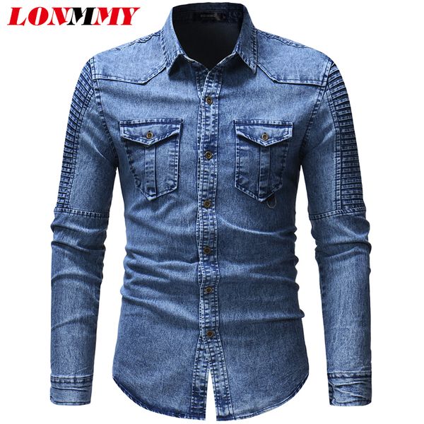 

lonmmy denim mens shirts casual slim fit camisa social long sleeve jeans shirt for male clothing 2018 blouse men blusas gray, White;black