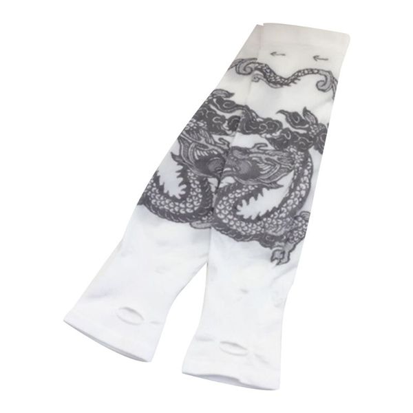 

women men summer ice silk uv protection arm sleeves cooling sports dragon tattoo printed driving fingerless gloves thumb hole, Silver