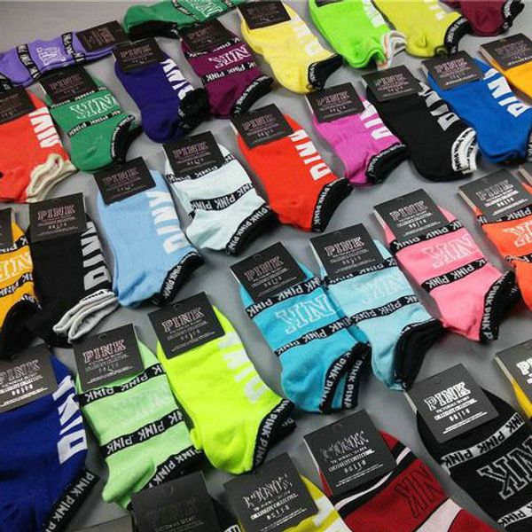 

pink letter sports cotton ankle women socks slippers love pink anklet girls hosiery short sock summer ship socks with tags, Pink;yellow