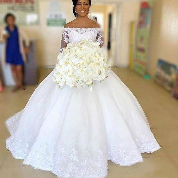 

beautiful lace plus size saudi arabic wedding dresses strapless long sleeves boat neck country dubai 2019 vestido de noiva bridal gown, White