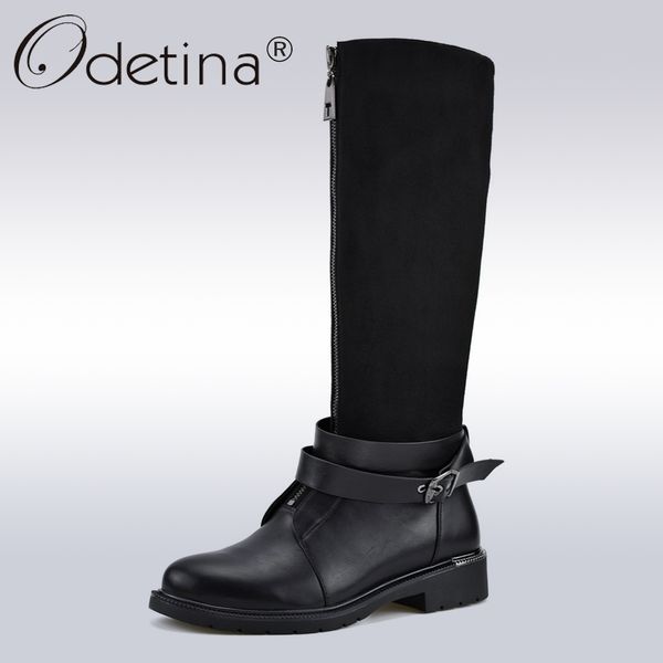 

odetina flock leather fashion infront zip women boots buckle strap lady knee high boots soft low heel riding autumn winter, Black