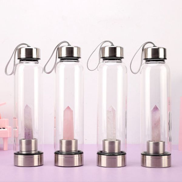 

Portable natural quartz cry tal cup gla water bottle creative cry tal point healing obeli k wand drink bottle gift zza1196