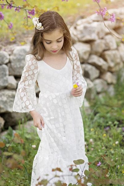 

lace flower girl dresses with 3/4 sleeves scoop neck ankle length boho wedding party dress for girls, White;blue