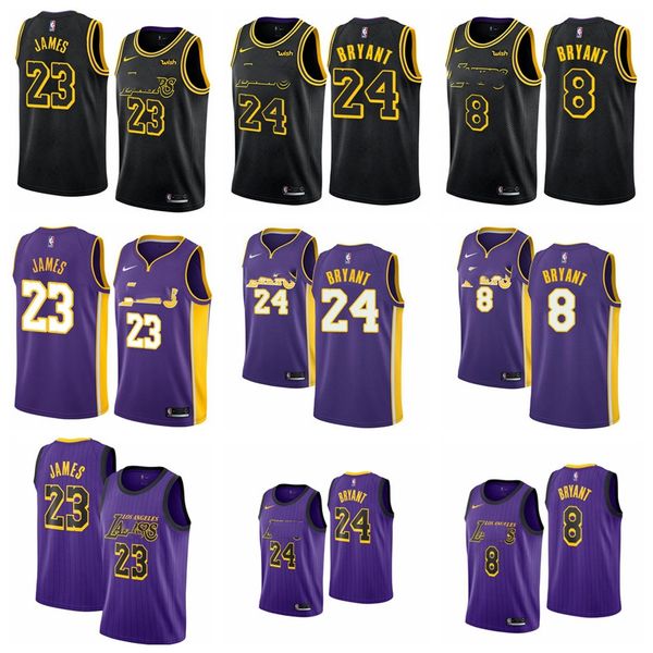 

men youth los angeles lakers kobe bryant8#24 23 james 19/20 purple yellow player jersey, Black;red