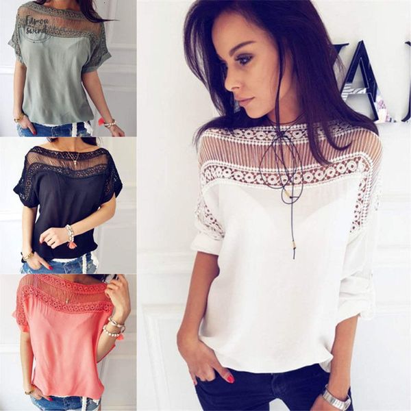 

women casual blouse summer short sleeve crew neck lace shirt ladies fashion summer clothes, White