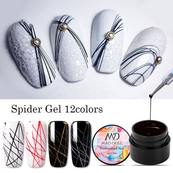 

mad doll 1 box gel nail polish purple yellow white spider elastic drawing gel manicure uv soak off nail varnish 12 colors, Red;pink