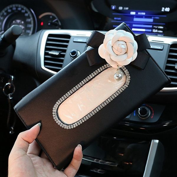 

cute flower crystal tissue box paper holder for car sun visor leather hanging auto sunvisor tissue cases car accessories