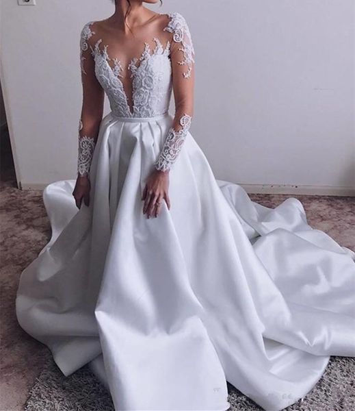 

elegant long sleeve wedding dresses 2019 lace bridal gowns sheer neck straps mopping long section fresh weddingÂ gowns, White