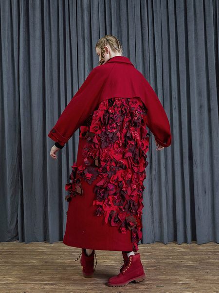 

original design autumn winter women elegant oversized red wool coat handmade nail flower thick warm woolen jacket abrigos mujer, Black