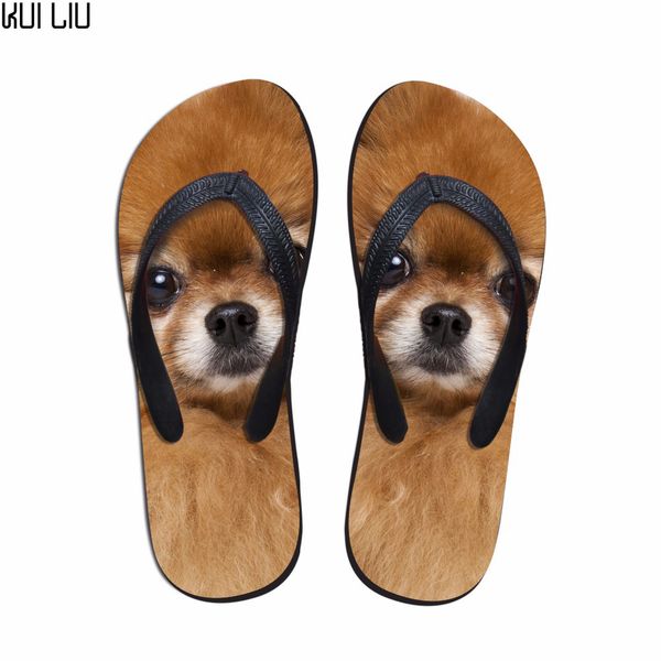 

customized 3d pomeranians pattern women fashion flip flops cute animal cat dog summer slippers for woman flats female shoes, Black