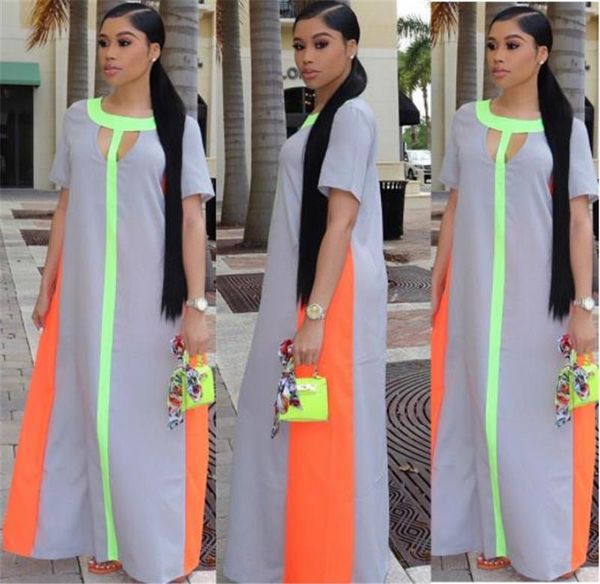 

gray color panelled womens maxi dresses summer loose short sleeve ladies dresses casual womens clothing, Black;gray
