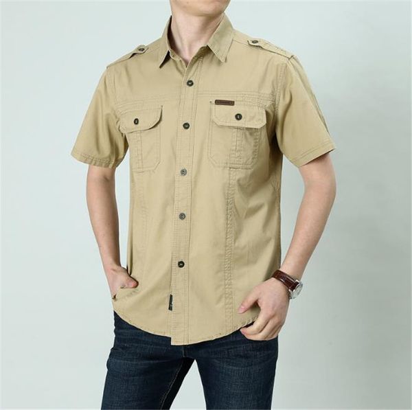 

plus size mens summer shirt new casual solid short sleeve military style shirt casual cargo shirt for man, White;black