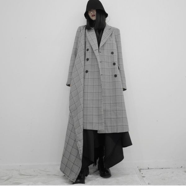 

women gray plaid symmetrical trench new lapel long sleeve loose fit windbreaker fashion tide utumn winter 2020 19-a659, Tan;black